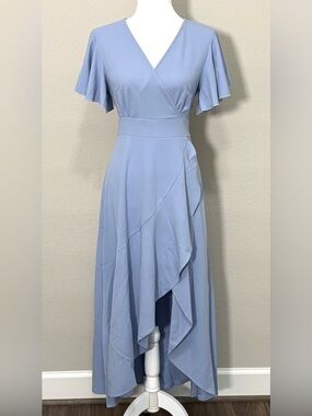 Blue Flutter Sleeve Ruffle Wrap High Low Midi Dress Size M